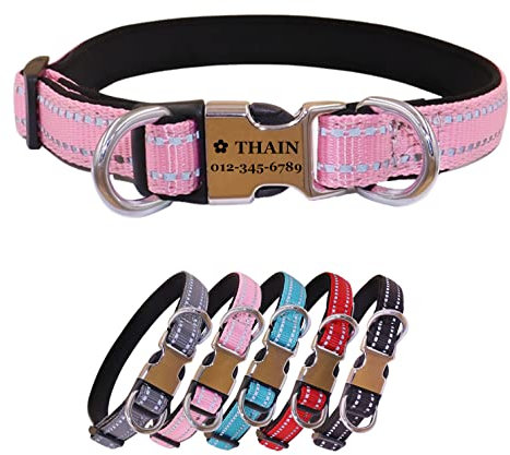 THAIN Reflective Personalised Dog Collar Engraved Custom Buckle- Soft Nylon Pet Collar with Name Plate engraved Name, Phone Number, Silent,No Noise Adjustable (S, Pink)
