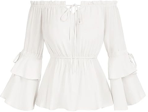 SCARLET DARKNESS Damen Gothic Wikinger Kostüm Korsett Trompetenärmel Einfarbig mit Kordelzug Carmenbluse Weiß S