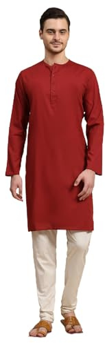 SKAVIJ Kurta pyjamas för män i 100 % bomull - traditionellt indiskt etniskt plagg, mandarinkrage kurta, Punjabi-klänning, Röd, L