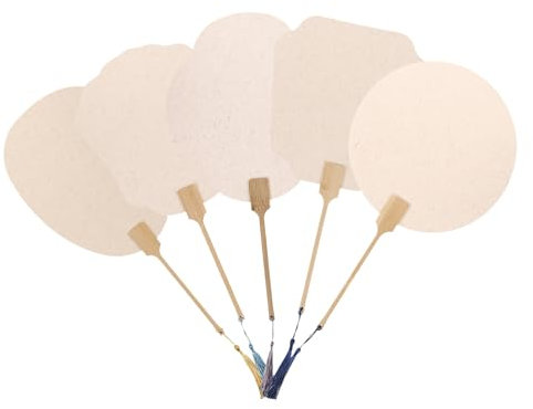 SEWACC 5pcs Paper Handheld Fans, Blank Hand Fans Chinese Paper Fan Round Paddle Wedding Fans for DIY Hand Painting Crafting