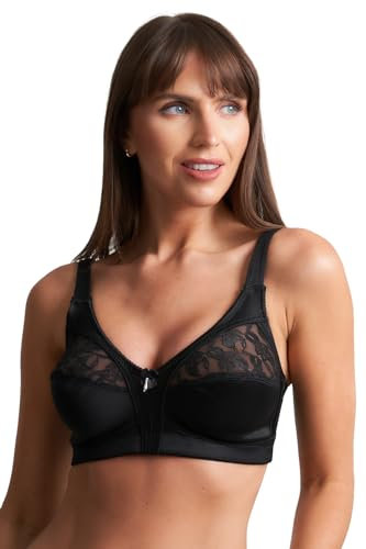 COSHAL® Non-Wired Womens Bra Floral Lace Non-Wired Bralette Firm Control Soft Cup Satin Lace Bra's - Women’s Non-Wire Full Cup Non-Padded Underwear Bra Black, 42C