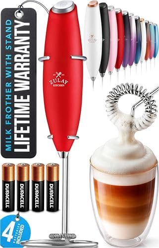 Zulay Kitchen Kraftfull mjölkskummare stav med 4 AA Duracell-batterier – ultrasnabb handhållen dryckesblandare – elektrisk visp skummaskin för kaffe, lattes, cappuccino, matcha och gräddkanna – röd