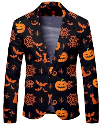 Rrongwn Halloween Blazer Men's Pumpkin Print Suit Jacket Regular Blazer Jacket Halloween Costumes Cosplay Coat One Button Suit Jacket Slim Fit Tuxedo Stylish Everyday Suits, orange, XXL