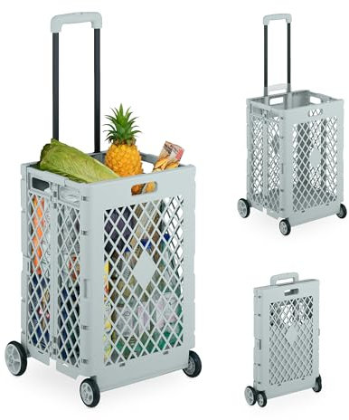 Relaxdays Carrito de Compra Plegable, Carro con Ruedas para Comprar, Resiste 25 kg, Mango Telescópico, Caja Alta, Gris, Caucho, 99 x 43,5 x 38 cm