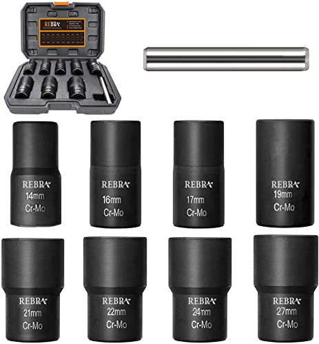 Nut Bolt Extractor Set with Center Punch Bar, Easy Out Lug Nuts Remover Socket Set Tool for Stripped, Damaged, Rounded-Off, Rusted Bolts&Nuts 1/2 Drive 9-Pieces