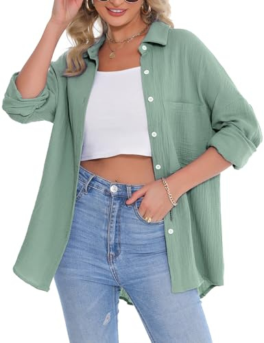 Aottori Camicia Donna Manica Lunga Blusa in Lino Cotone Camicetta Elegante con Bottoni Camicie Oversize Classico Shirts Casual Verde L