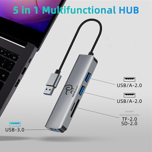 HKCMEMORY USB A Hub 5-in-1 Aluminum Adapter, with USB 3.0, USB 2.0 Ports, SD/TF Card Reader, for A Port Laptop, PC, Desktop,PS4/5, Xbox and More