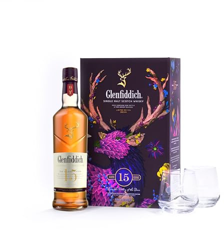 Glenfiddich 15 Jahre Single Malt Scotch Whisky Solera, 70cl – hochwertige Geschenkverpackung mit zwei Tumblern I ein sensationelles Geschenk
