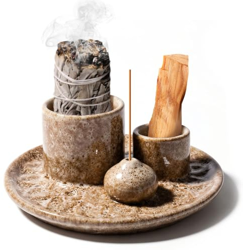 Incense Burner Holder,4 in 1 Incense Bowl,Palo Santo Holder Ceramic Candle Holders Tray for Any Palo Santo Stick Sage Incenses Cone with Sturdy Base and 3 Stand for Yoga Meditation Room Home Decor