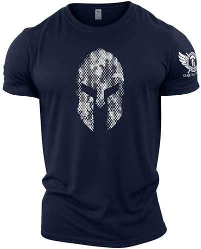 GYMTIER Spartan Helmet Hex Camo - Spartan Forged - Men's Gym T-Shirt - Bodybuilding Workout Top, Navy, 5XL