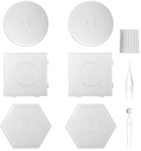 Molirex Lot de 6 plaques de perles à repasser de 5 mm avec 2 carrées, 2 hexagonales, 2 rondes et outils auxiliaires, pochoirs en plastique transparent, plaques à picots pour bricolage fait main