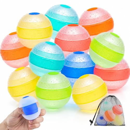 12PCS Reusable Water Balloons Self Sealing Quick Fill Water Bombs | Refillable Silicone Design, Mesh Storage Bag Included, Pool Party, Beach Games, Garden Activities, Summer Water Fun