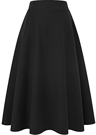 IDEALSANXUN Womens High Elastic Waist Maxi Skirt A-line Plaid Winter Warm Flare Long Skirt (X-Large, Long Pure Black)