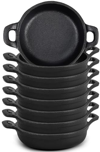 Ziliny Mini Cast Iron Skillets 5 x 5 x 1.3 Inch Cast Iron Pan Small Ramekin Set Black Casserole Dish Cookware Oven Safe Mini Skillets for Kitchen Indoor Outdoor Picnic (8 Pack)