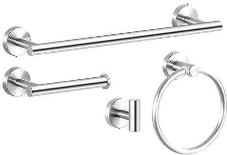 4 Pieces Bathroom Kit Accessories Restroom 24Inch Towel Bar Towel Ring Holder Toilet Paper Holder and Hook Set SUS 304 Stainless Steel Bathroom Hardware Set (Brushed Silver)