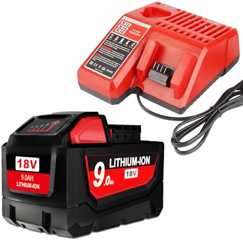 2X 18V 9.0Ah/9000mAh Ersatzakku für Milwaukee + 4A Ladegerät Kompatibel mit Milwaukee M18 M18B 48-11-1840 48-11-1828 48-11-1820 48-11-1815 48-11-1850