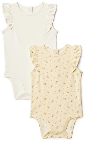 Amazon Essentials x Sofia Grainge Baby Girls' Cotton Ruffle-Sleeve Vest with Embroidered Detail, Pack of 2, Ditsy Flowers/Ivory, 6-9 Months