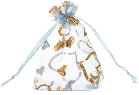 QUARKZMAN Bolsa de Organza, 7 x 9cm Bolsas de Regalo con Corón, con Patrón de Corazón, Bolsitas Regalos Pequeñas para Fiesta, Joyas, Dulces, Bodas Azul Claro-Dorado 50Pcs