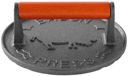 Xuancai Prensa de hamburguesas de hierro fundido resistente con mango ergonómico de madera para parrillas y parrillas, suministros de cocina, prensa de mango de madera