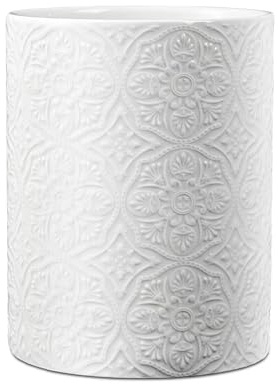 Taxenxar Ceramic Kitchen Utensil Holder for Countertop, Embossed Pattern Crock with Kiln-Fired Finish, Counter Organizer for Cooking Tools , White