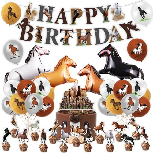 43 piezas de adornos para fiesta de cumpleaños infantil con temática de caballos de carreras y vaqueros, incluyendo carteles, adornos para tartas y globos de aluminio