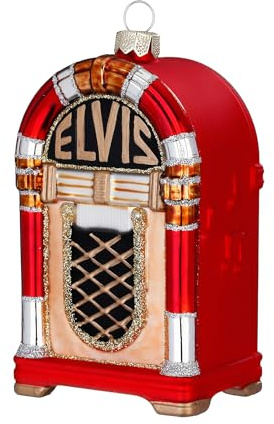 Julgransdekoration i glas 10,5 cm – retro jukebox figur att hänga upp – handmålad – julgransdekoration – vintage musikautomat röd