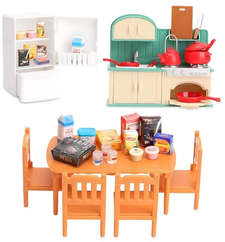 HOVCEH Dockhusmöbelset, 25 stycken dockhus möbler med stolar, bord, kastruller och stekpannor, snacks, kylskåp, C-asa B-dockor tillbehör förBarn från 3 år