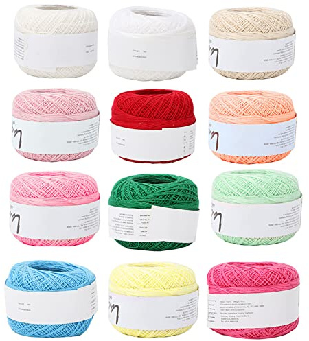 Hilo de algodón de encaje para tejer, hilo de algodón suave con 12 colores vibrantes, hilo de perlas para crochet, bordado, costura y manualidades, fino de 1 mm de diámetro, (Set of 12 colors)