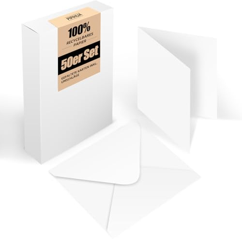 Set da 50 biglietti pieghevoli quadrati bianchi con busta: biglietti pieghevoli da personalizzare, scrivere o stampare per carta di auguri, cartoline e carta fatti a mano - bianchi