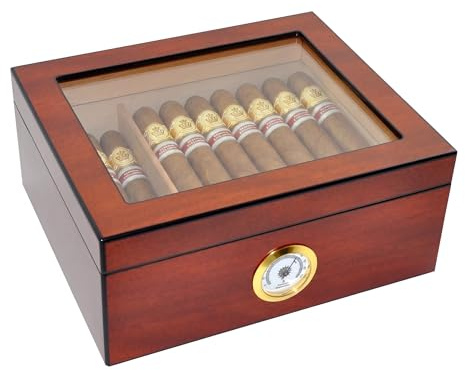 DUCIHBA Cigar Humidors Storage 25-50 Cigars Box, Tempered Glass Top Display, Handcraft Spanish Cedar Wood Cigar Case with Divider, Humidifier and Hygrometer, Gift for Man, Sapele Cherry
