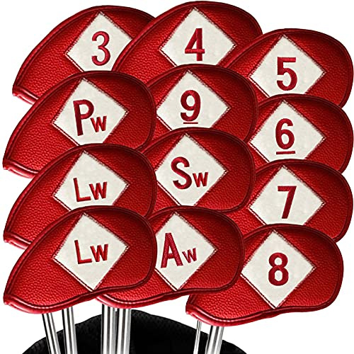 Couvre Club De Golf Fer Capuchon Protege Housse Protection Cache Cuir synthétique de Luxe pour gaucher droitier Lot de 12, Golf Club Covers Headcover Set avec Numéro Facile des Deux Cotés (Rouge)