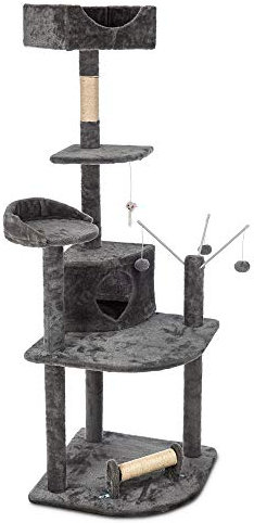Petlicity Cat Scratch Post Activity Centre with Sisal Scratch Posts, 4 Platforms, Hanging Amusement Toys and Large Hiding and Sleeping Area with Circular Opening (163cm)