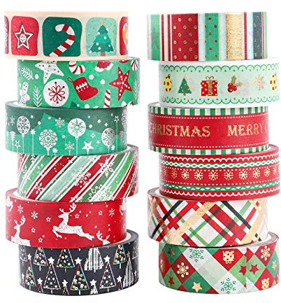 Washi Tape Noël 12 rouleaux Washi Masking Tape Adhésif Ruban adhésif décoratifs Papier Tape pour bullet journal Scrapbooking Artisanat de bricolage Fournitures de fête de bureau emballage de cadeaux