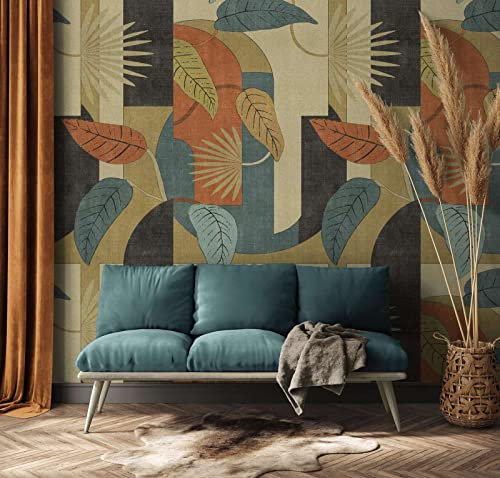 New Walls Papier Peint Intissé Motif Floral Abstrait Beige, Turquoise, Orange Chambre, Salon - 1.59x2.80m