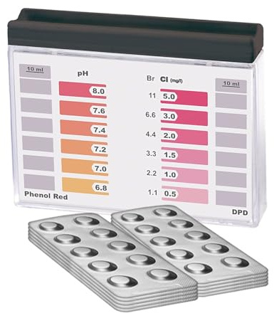 Probador de agua Rapid Método Cloro pH con 100 tabletas de prueba, 50 x Phenol Red y 50 DPD1, pantalla de 12 valores de medición diferentes