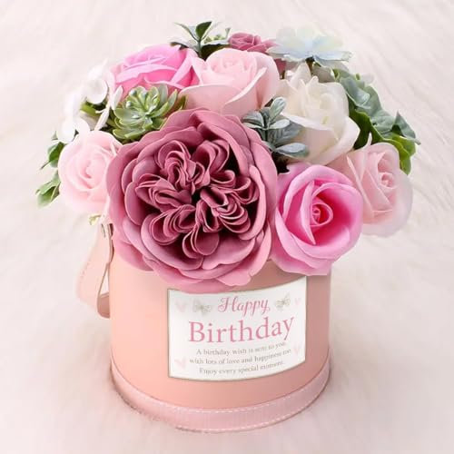 Gemini Gifts Cadeaux de Fleurs Joyeux Anniversaire pour Son Anniversaire, Bouquet de Fleurs de Savon, Fleurs éternelles, Cadeaux d'anniversaire attentionnés pour Les Femmes, Roses Roses, Fleurs