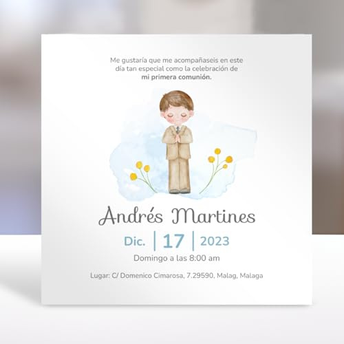 PRINT STAMP LOVE Invitaciones Comunion Niña y Niño Personalizadas | Tarjeta de Recordatorios de Primera Comunion de 15x15cm en Cartulina 350gr | 4 Modelos (Blanco)