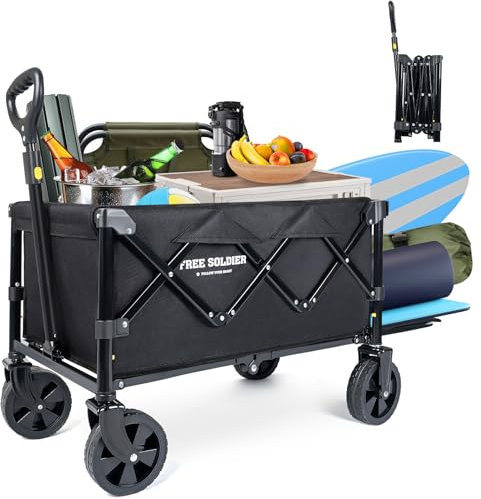 FREE SOLDIER Chariot de Jardin Pliable et Extensible avec capacité de Charge de 100 kg, Robuste, 160 litres, avec vélos de Plage Tout-Terrain, Noir