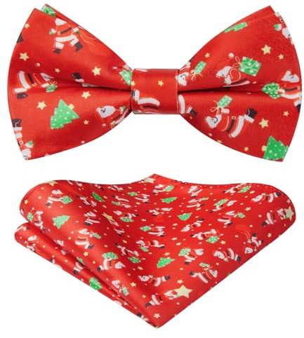 HISDERN Pajarita Rojo Hombre Ajustable Pajaritas Navidad Conjunto Clásico Pajarita de Papá Noel y Pañuelo de Bolsillo Set