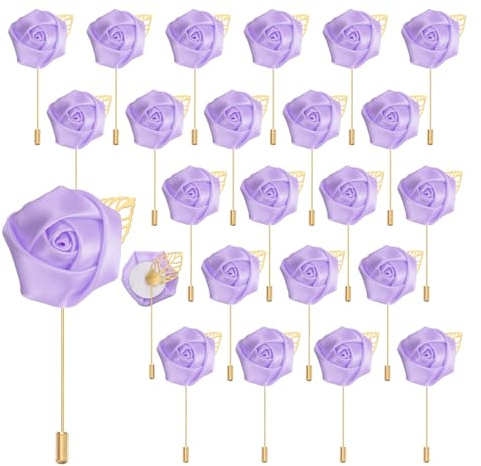 QUARKZMAN 24Pcs Épinglette Boutonnière en Fleur de Rose Violet Clair Broches de Boutonnières de Poche pour Cérémonie de Mariage Anniversaire Bal de Promo Dîner Formel Décoration de Costume