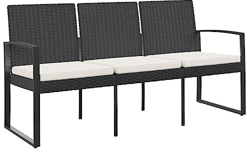 ULUYYUC Banc de tente à bière - Banc d'extérieur - Banc de balcon - Banc de jardin 3 places avec coussin - Noir - En rotin PP - Pour parcs, jardin, balcon, cour intérieure