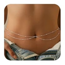 Yeomju Bauchkette Silber für Frauen, 2 lagige Bauch und Körperkette mit Taillenkette Silber, Verstellbar, Wasserfest, Nicht Anlaufend, Waist Chain, Körperschmuck