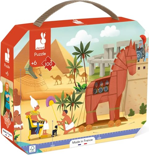 Janod Puzzle da 100 pezzi, Tema Antichità e Mitologia, Puzzle panoramico per bambini, Sviluppa pazienza e concentrazione, Made in France, Puzzle per bambini dai 6 anni, J02553