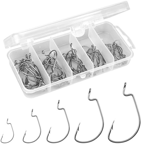 50 Piezas Anzuelos de Pesca de Agua Salada en Línea, 1#, 2#, 1/0#, 2/0#, 3/0# Juego de Anzuelos de Pesca con Agua Salada, Anzuelos de Pesca Circulares de Tamaño con Caja de Almacenamiento