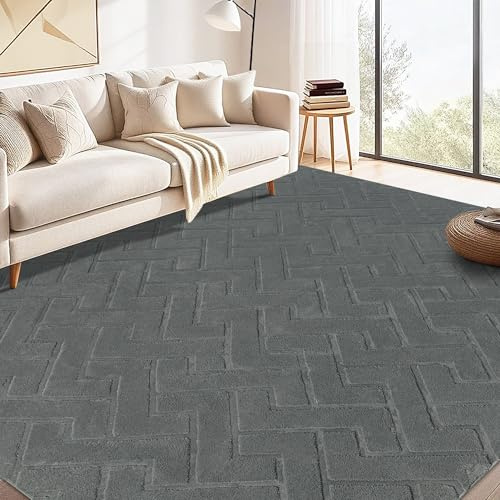 Famibay Rugs Living Room 160x230 Large Washable Grey Area Rugs Fluffy Low Pile Soft Geometric Modern Carpet Anti Slip Non Shedding for Bedroom Office Dining Room Decor