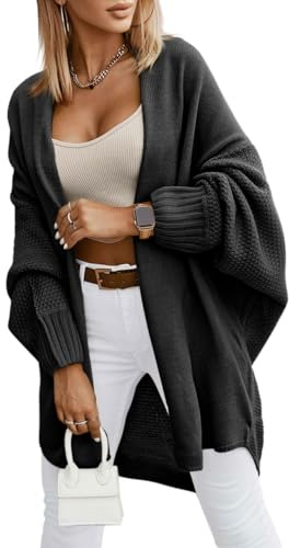 Saodimallsu Cardigan long et léger pour femme - Manches longues - Open Front - Pull en tricot - Couleur unie - Loisirs - Manteau d'extérieur avec poche, Noir , S