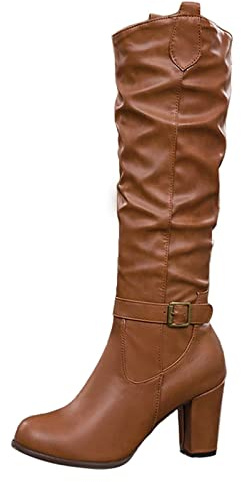 Stivali sopra il ginocchio da donna in pelle sexy – Stivali alti al ginocchio da donna con tacco a blocco, stivali da equitazione alti in pelle a pecora lunga, stivali da cowboy occidentali, giallo