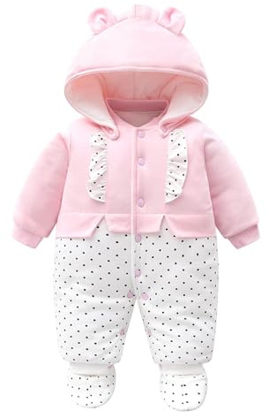 JiAmy Baby Winter Snowsuit Newborn Cartoon Hooded Romper with Footie Toddler Boys Girls Jumpsuit Outfits Set for 0-3 Months Pink