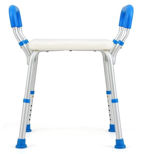 COSTWAY Sgabello Doccia, Sedia per Doccia Regolabile in 6 Altezze con Braccioli Imbottiti Staccabili e Piedini in Gomma Antiscivola, Portata 100 kg, Seggiolino da Bagno per Anziani (Blu)