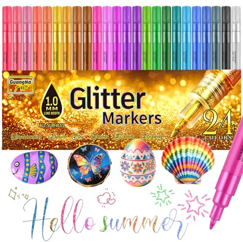 Feutres à paillettes, 24 Marqueurs Acrylique Paillettes, Pointe fine de 1mm | Stylo Paillette pour Peinture Sur Pierre, Céramique, Bois, Scrapbooking, Cartes